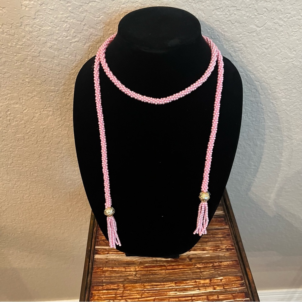 Pink Pearl Beaded Rope Necklace with Tassels Faux Pearl